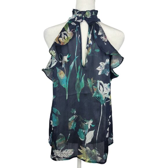 Modern Chic Floral Cheer Navy Blue Ruffled Business Casual Blouse Halter Top XS - Picture 11 of 16
